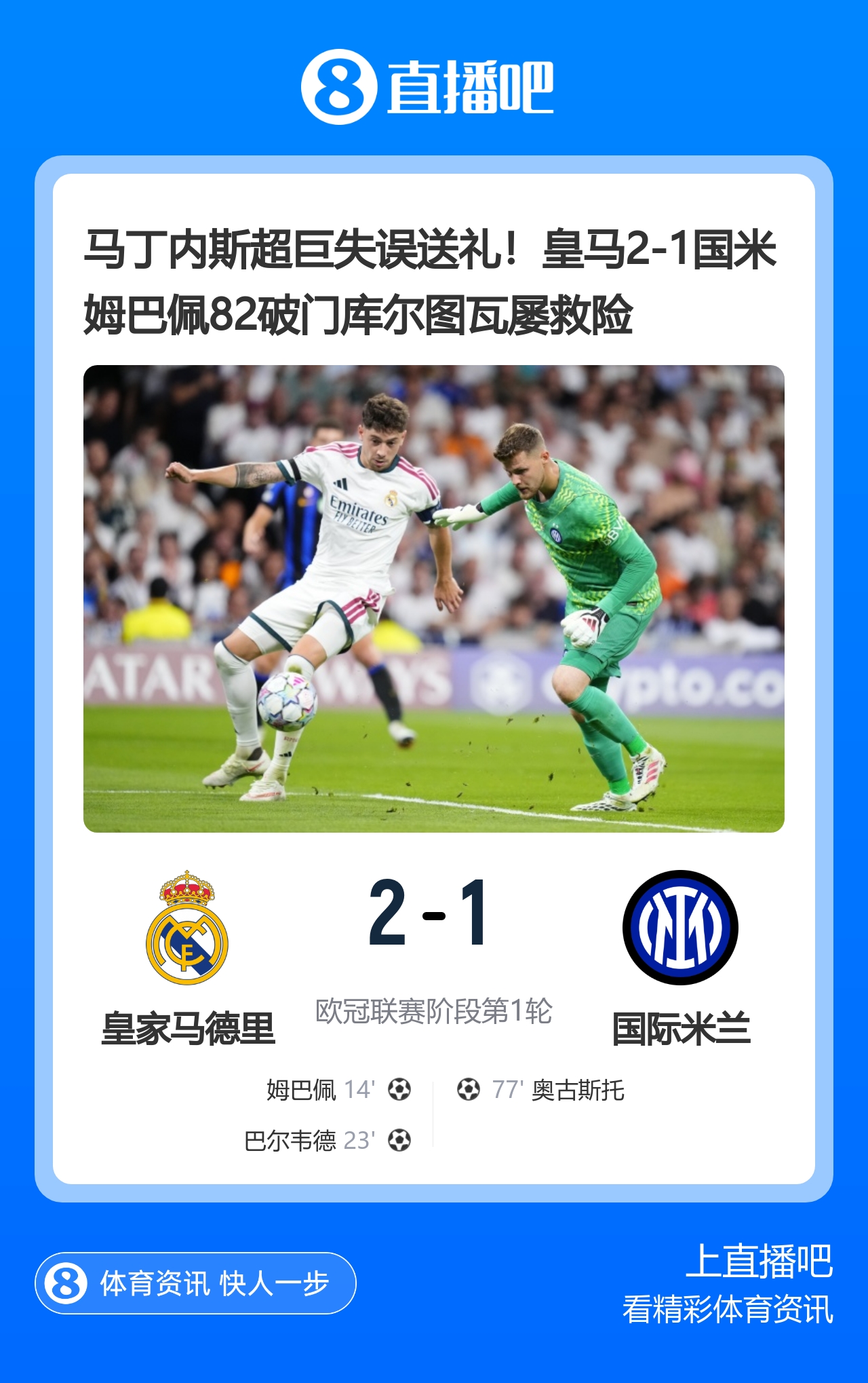 早报：欧冠回归！皇马、曼城、多特、维拉取开门红